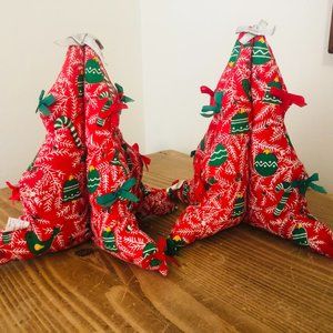 Two Vintage Quilted Fabric 8" Christmas Trees Bows Holiday Table Decor